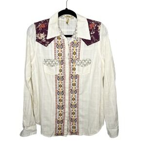 BKE / cream red western style boho printed button up shirt / S